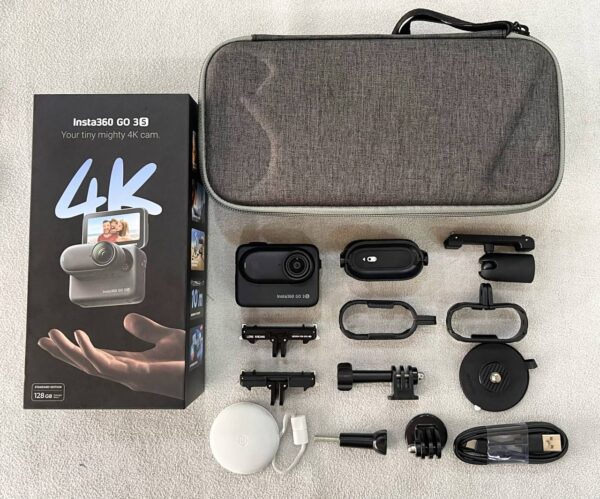 Insta360 GO 3S (128GB) with 10-Month Remaining Manufacturer Warranty + Action Mount Set + Silicone Case + Carry Bag + 3-Prong Adapter